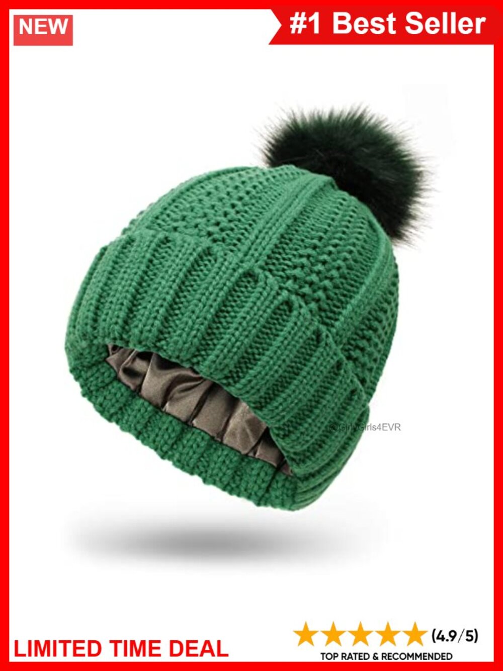 Satin Lined Cable Knit Beanie with Faux Fur Pom Cuffed Winter Hat